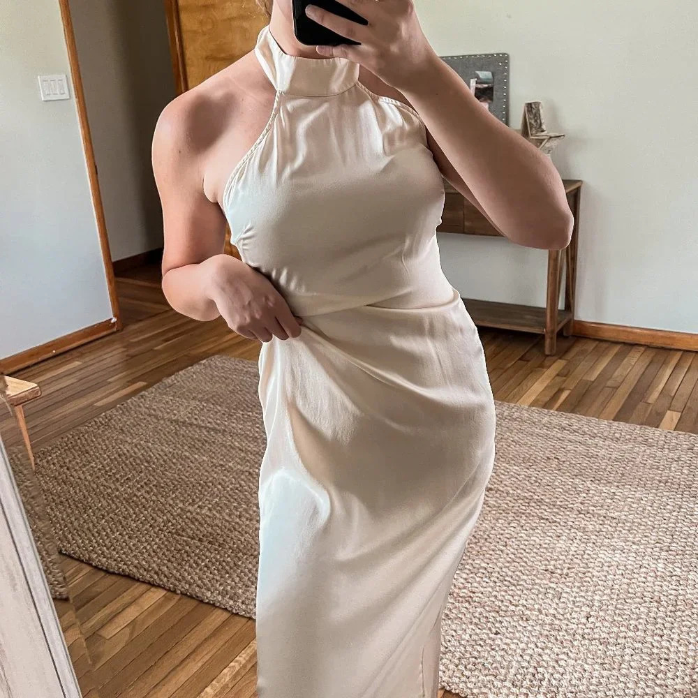 LNA Silk Blend Cream Halter Open Back Formal Classic Satin Maxi Dress Medium